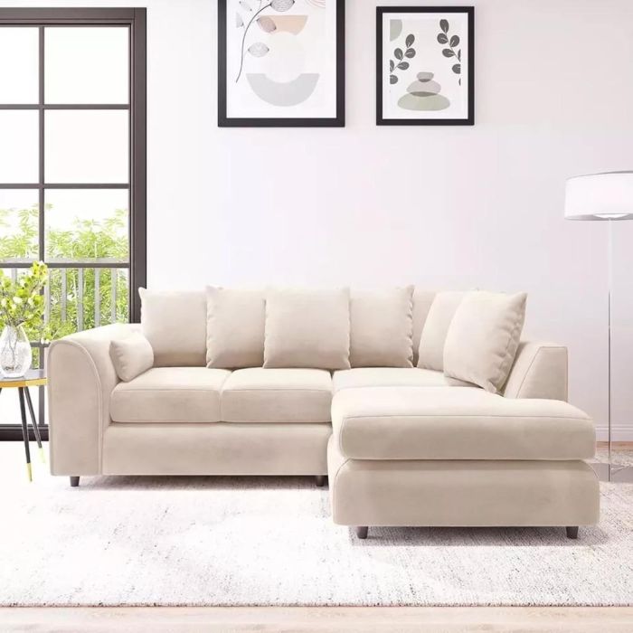 DELANO Plush Velvet 4 Seater L Shaped Scatterback Corner Sofa - Cream