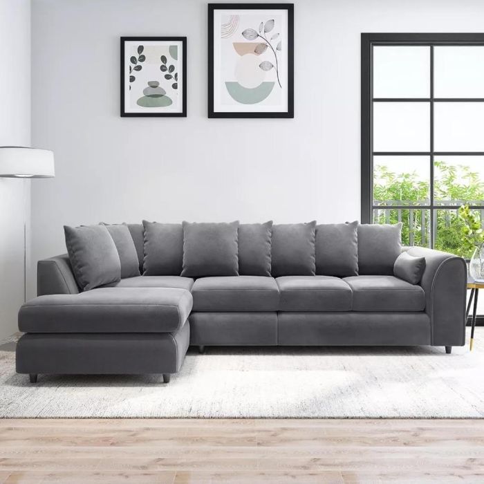 DELANO Plush Velvet Large 5 Seater L Shaped Scatterback Corner Sofa - Dark Grey