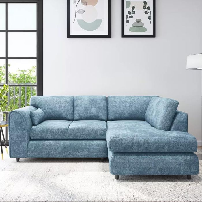 LORVANI Fabric 4 Seater L Shaped Fullback Corner Sofa - Sky Blue, Right Hand Facing