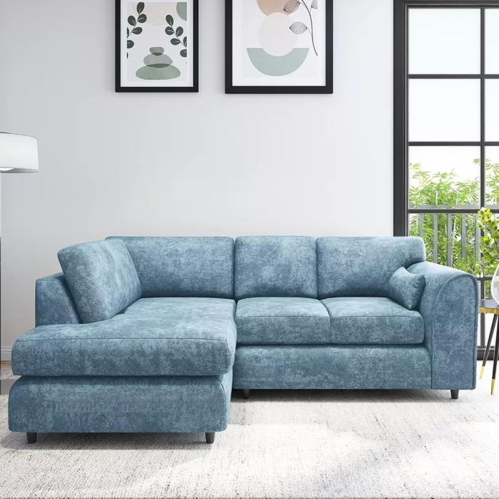 LORVANI Fabric 4 Seater L Shaped Fullback Corner Sofa - Sky Blue, Left Hand Facing
