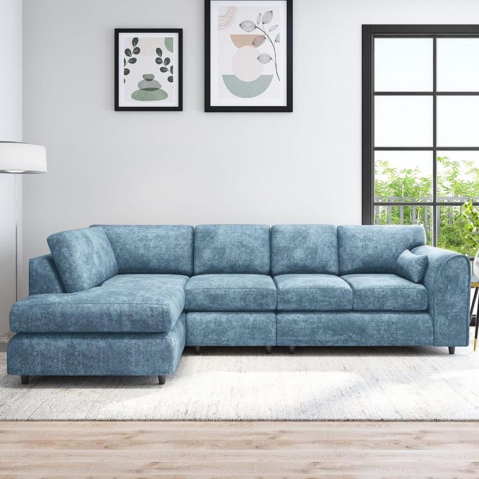 LORVANI Fabric Large 5 Seater L Shaped Fullback Corner Sofa - Sky Blue, Left Hand Facing