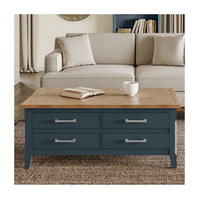 Ransley Blue Oak Parquet Coffee Table With Drawers and Hidden Storage Trunk