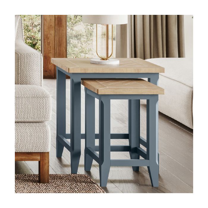 Ransley Oak Parquet Top Nest of Two Tables - Blue