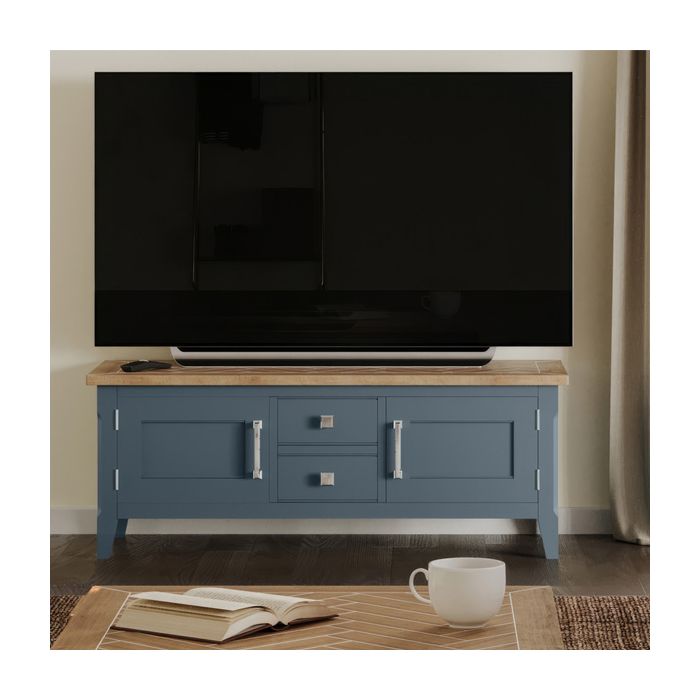 Ransley Oak Parquet Top Widescreen Television Stand with 2 Door and 2 Drawers - Blue