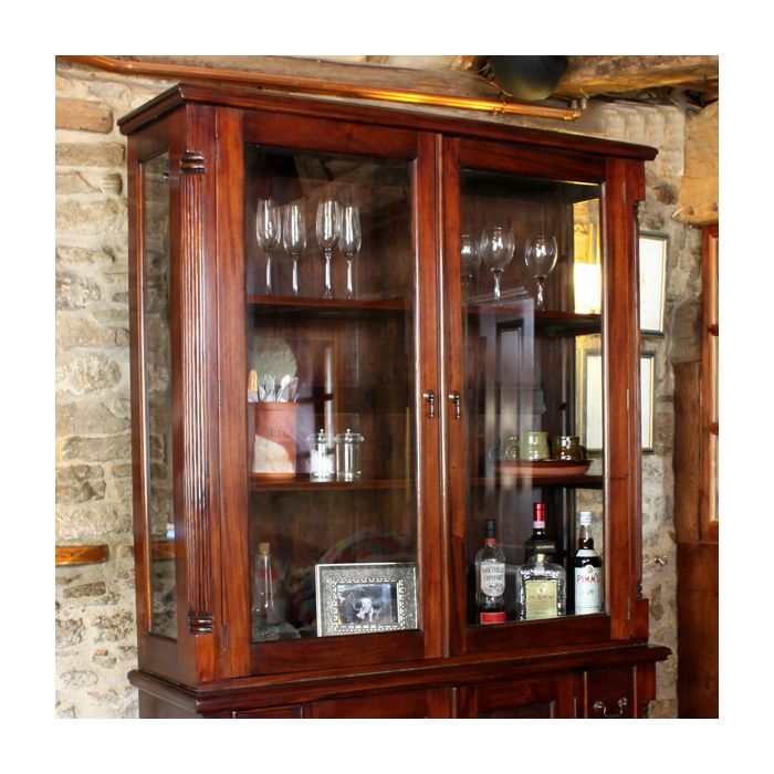 Royston Glazed Dresser Hutch Top with Tear Drop Handles - Mahogany Finish