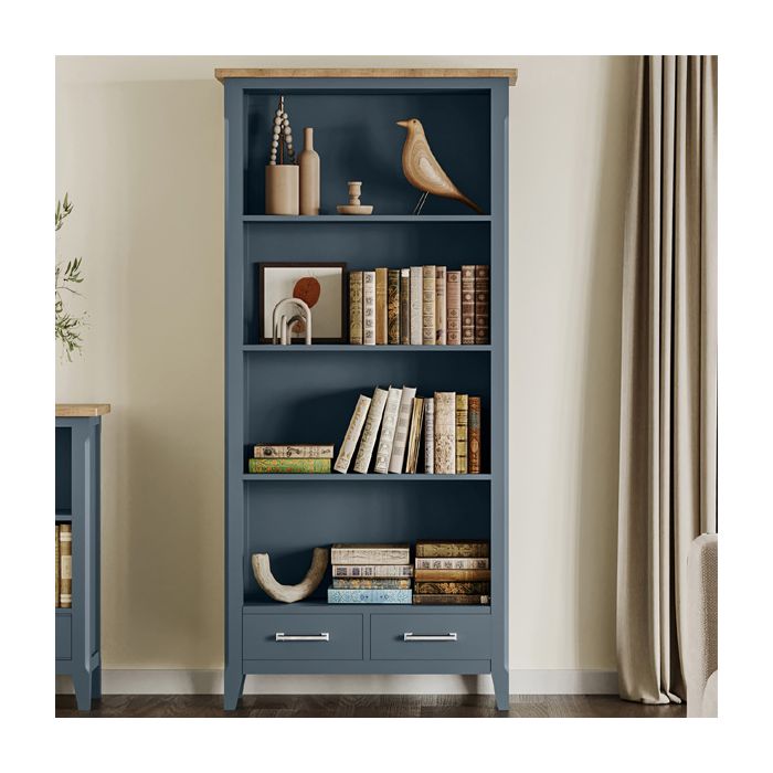 Ransley Oak Parquet Top 2 Drawer Tall Bookcase with Shelf - Blue