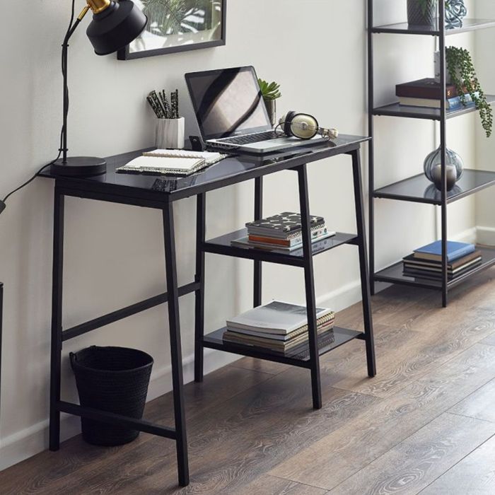 Black Frame Chicago Computer Desk with Open Shelfs - Smoked Glass Top