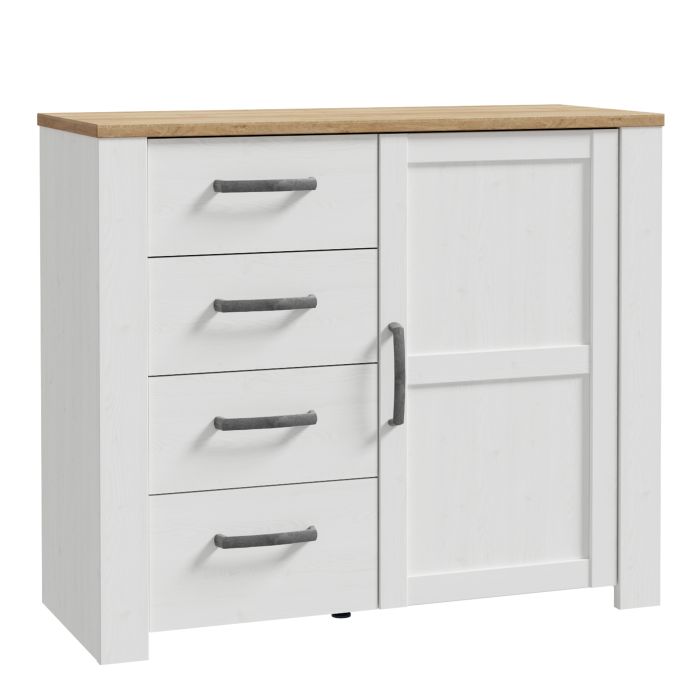 BUENOS 1 Door Sideboard with 4 Drawers - White with Oak Top