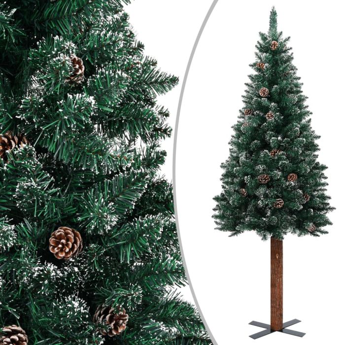 Slim Christmas Tree with Real Wood and White Snow Green 180 cm
