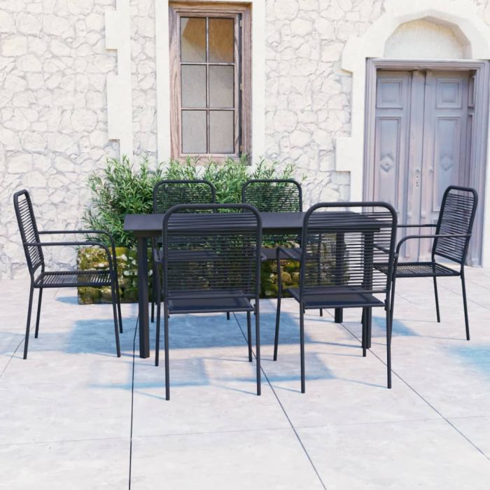 7 Piece Garden Dining Set Black Glass and Steel