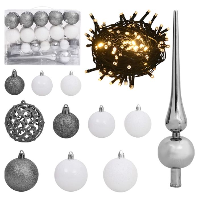 Briet 61 Piece Christmas Ball Set with Peak and 150 LEDs White and Gey