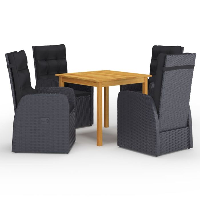 5 Piece Garden Dining Set with Cushions Black Poly Rattan