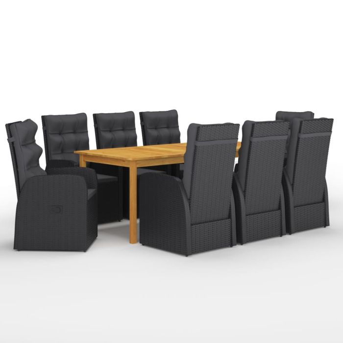 9 Piece Garden Dining Set with Cushions Black Poly Rattan