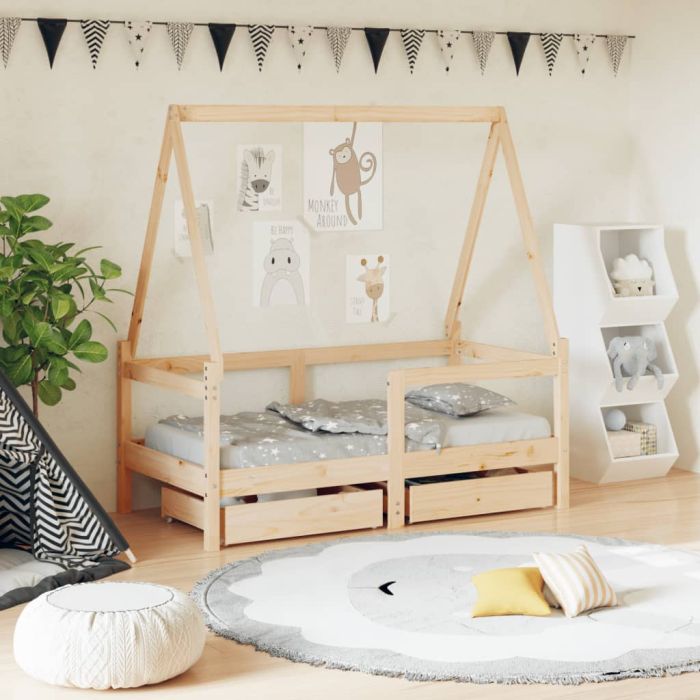 Kids Bed Frame with Drawers 70x140cm Solid Wood Pine