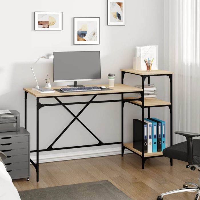Desk with Shelves Sonoma Oak 135x50x90cm Engineered Wood and Iron
