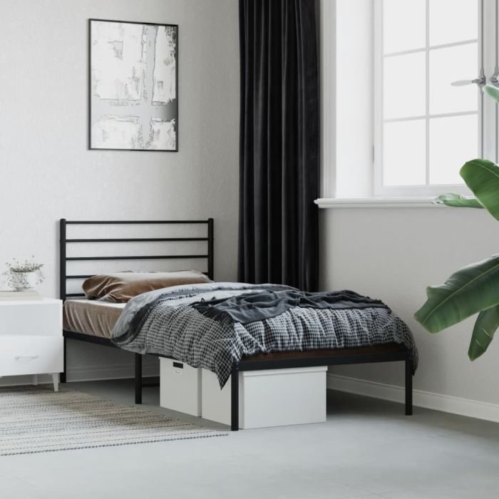 Metal Bed Frame with Headboard Black 107x203 cm