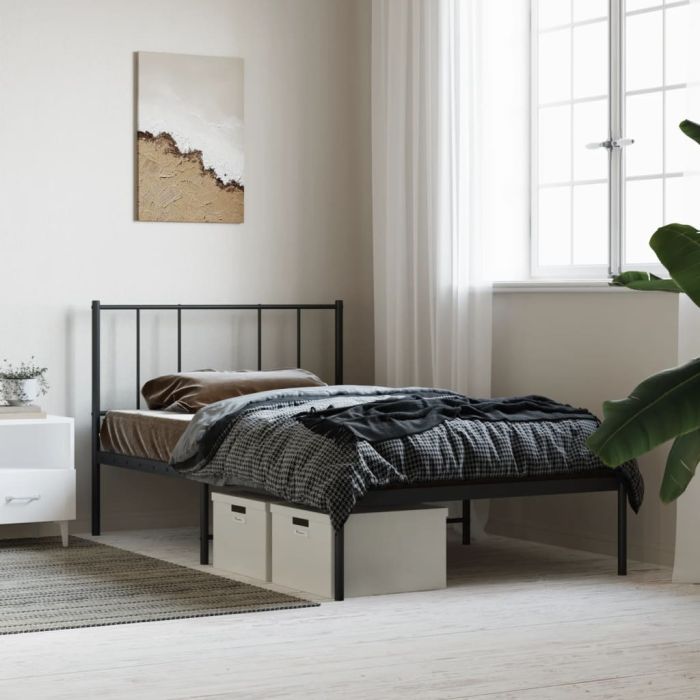 Metal Bed Frame with Headboard Black 90x200 cm