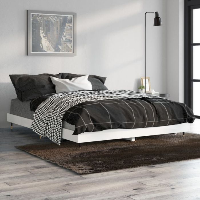 Bed Frame High Gloss White 135x190 cm 4FT6 Double Engineered Wood