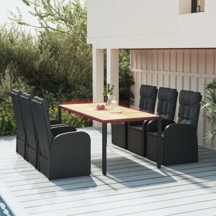 7 Pcs Garden Dining Set Black Poly Rattan and Solid Wood Acacia