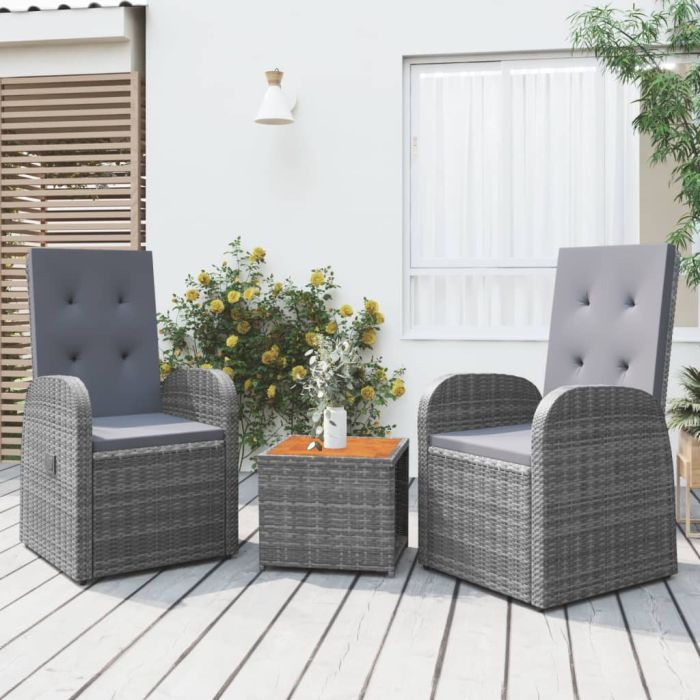 3 Pcs Garden Lounge Set Grey Poly Rattan and Solid Wood Acacia