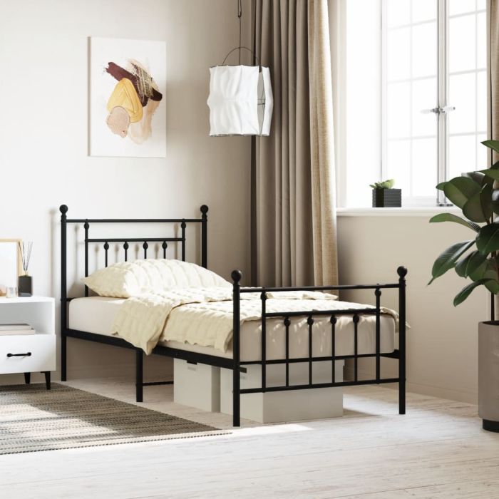 Metal Bed Frame with Headboard and Footboard Black 90x200 cm