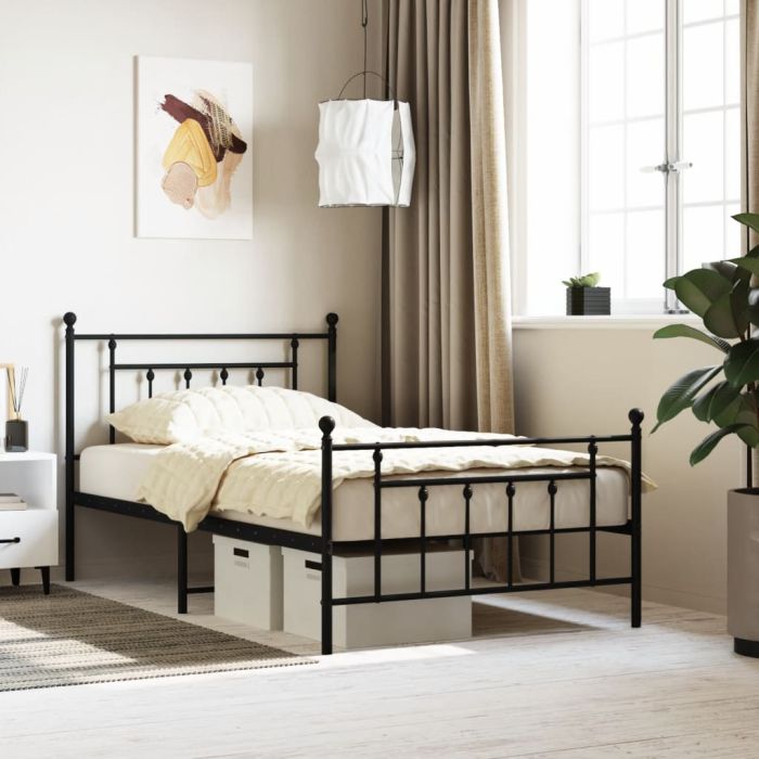 Metal Bed Frame with Headboard and Footboard Black 107x203 cm
