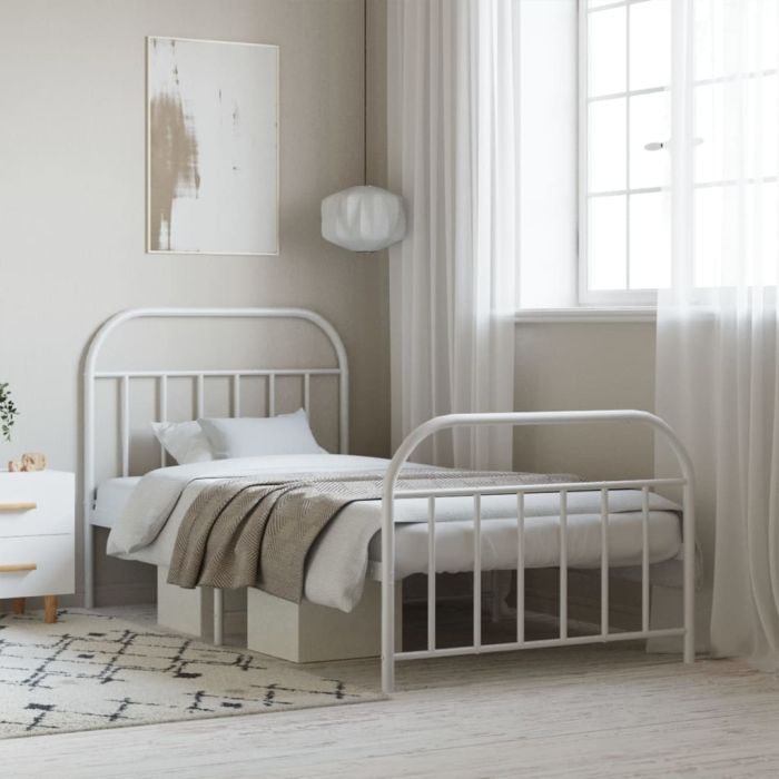 Metal Bed Frame with Headboard and Footboard White 100x190 cm
