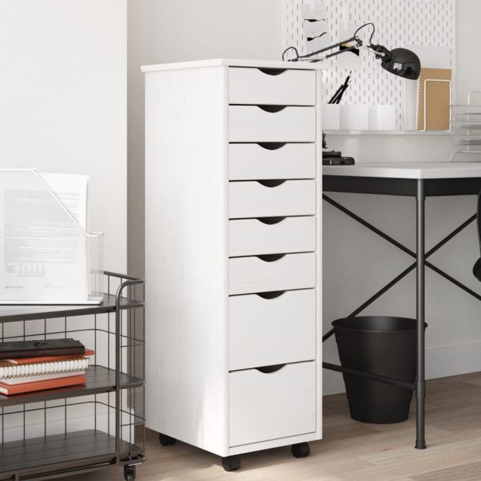 Rolling Cabinet with Drawers MOSS White Solid Wood Pine