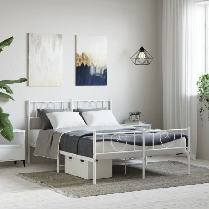 Metal Bed Frame with Headboard and Footboard White 120x190 cm Small Double