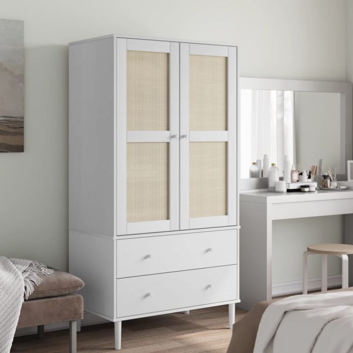 SHON 2 Door Rattan Wardrobe with 2 Drawers White - 90cm