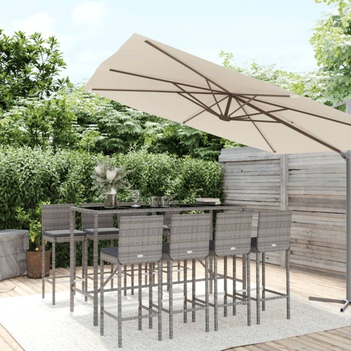 9 Piece Garden Bar Set with Cushions Grey Poly Rattan
