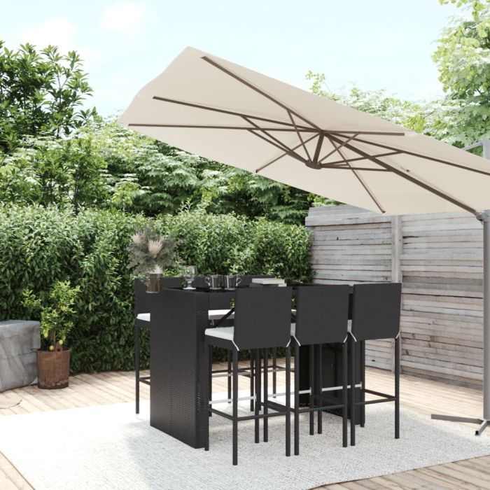 7 Piece Garden Bar Set with Cushions Black Poly Rattan