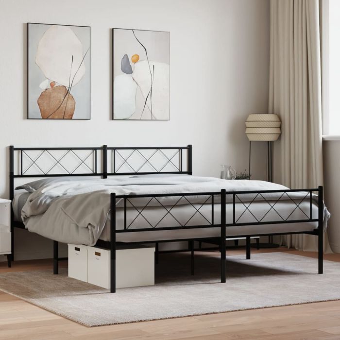 Metal Bed Frame with Headboard and Footboard Black 5FT King Size