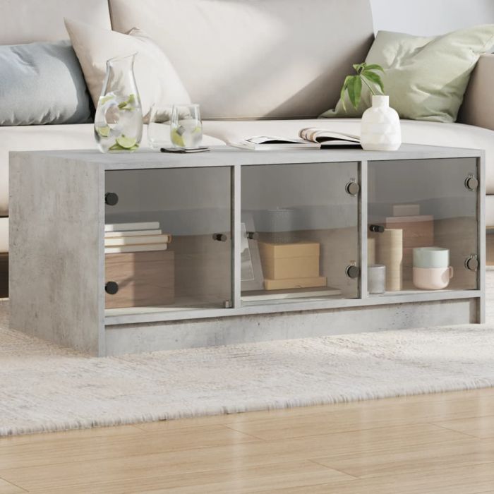 Coffee Table with Glass Doors Concrete Grey 102x50x42 cm