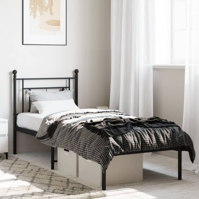 Metal Bed Frame with Headboard Black 75x190 cm Small Single