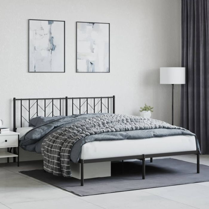 Metal Bed Frame with Headboard Black 160x200 cm