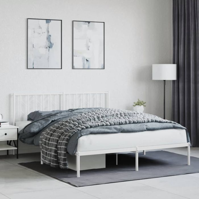 Metal Bed Frame with Headboard White 160x200 cm