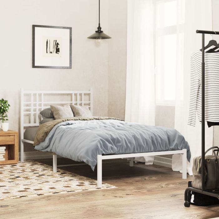 Metal Bedframe with Headboard White 100x190cm