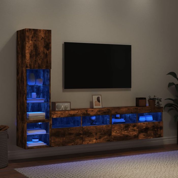 4 Piece TV Wall Units with LED Smoked Oak Engineered Wood