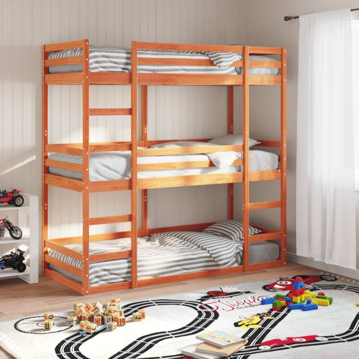 Triple Bunkbed Wax Brown 90x200cm Solid Wood Pine