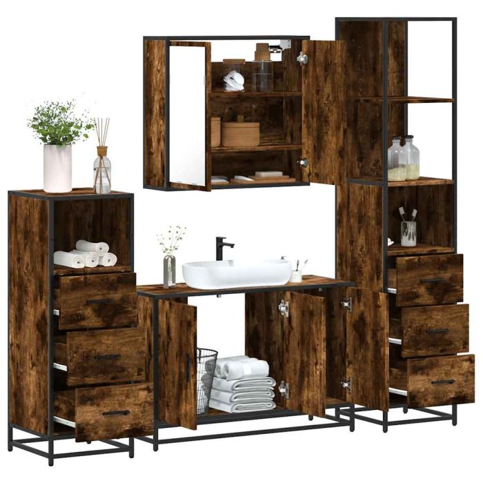4 Piece Bathroom Furniture Set Smoked Oak Engineered Wood