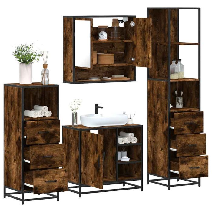 4 Piece Bathroom Furniture Set Smoked Oak Engineered Wood