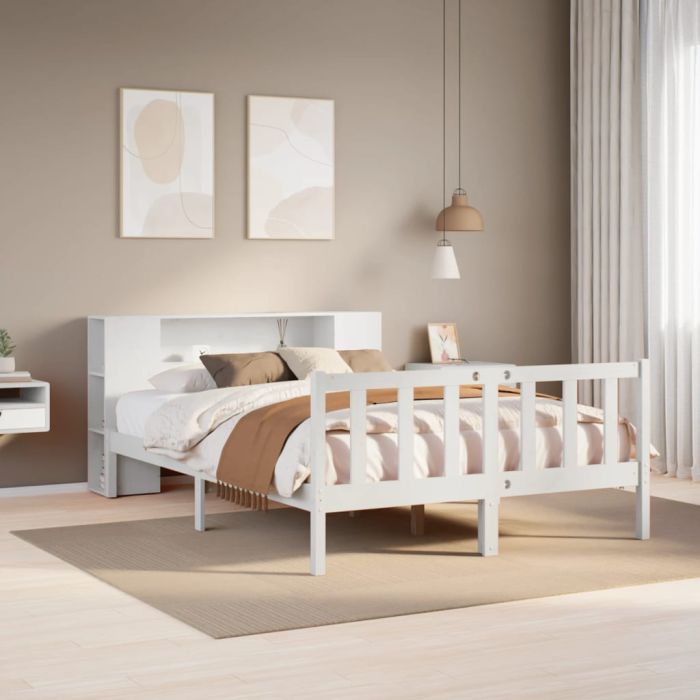 Bookcase Bed White 150x200cm King Solid Wood Pine