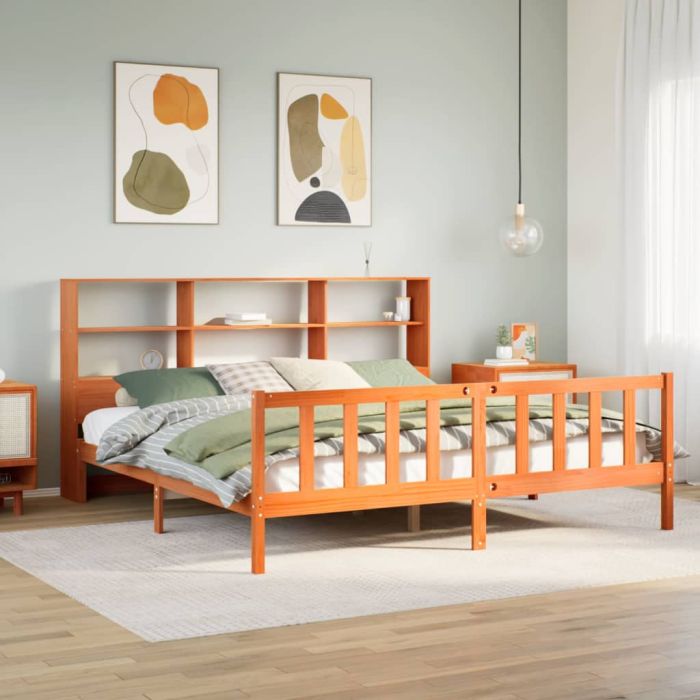 Bookcase Bed Wax Brown 200x200cm Solid Wood Pine