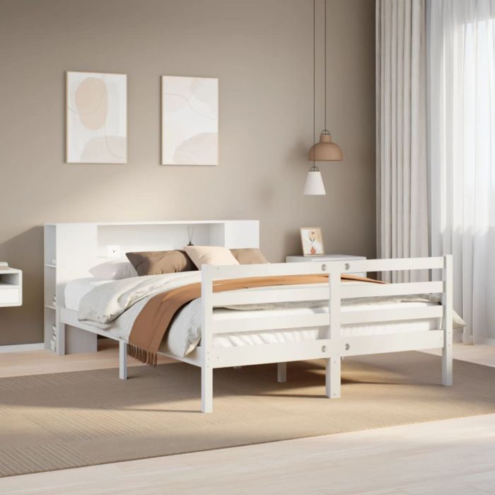 Bookcase Bed White 150x200cm King Size Solid Wood Pine