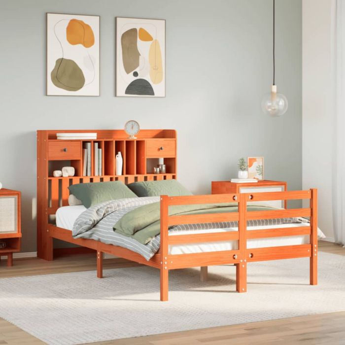 Bookcase Bed Wax Brown 135x190cm Doouble Solid Wood Pine