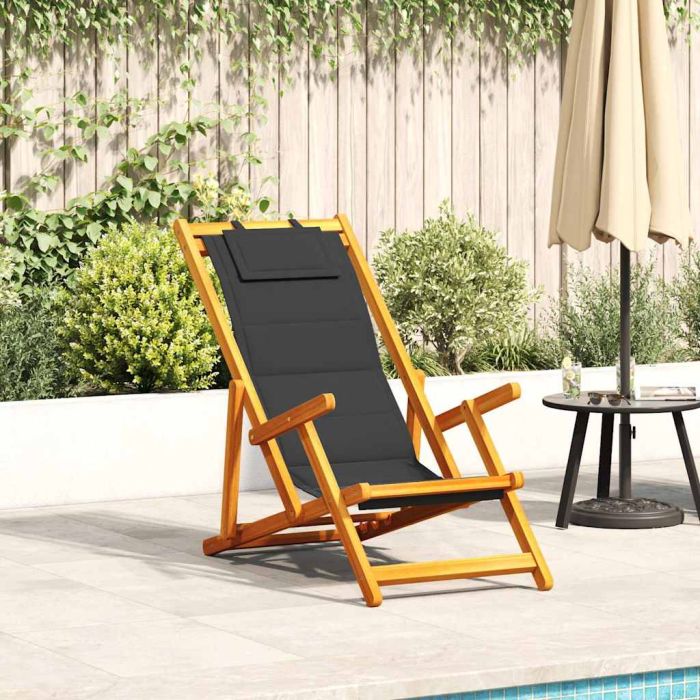 ELASH Folding Beach Chair with Armrests Acacia and Textilene Wood - Black