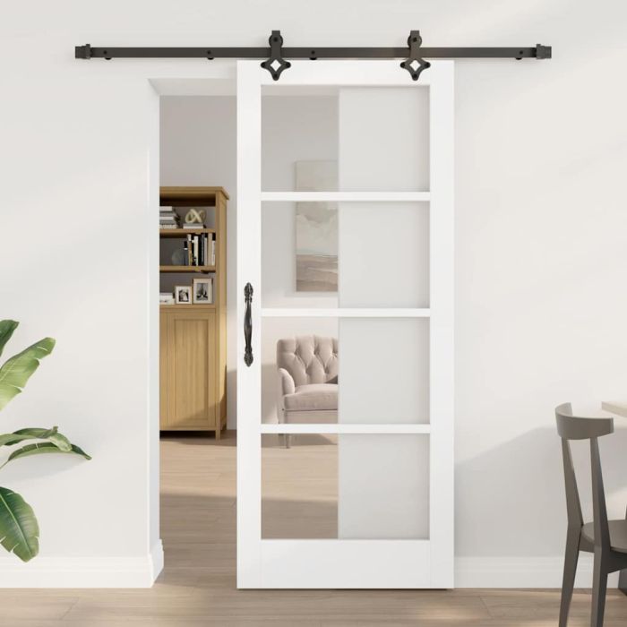 Sliding Door with Hardware Set 'ORKDAL'White Solid Wood & Glass