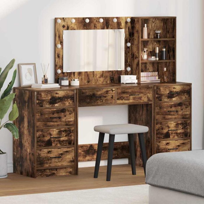 3-Piece Dressing Table Set with LED in Smoked Oak Engineered Wood