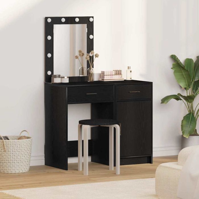 2 Piece Dressing Table Set with LED Black Engineered Wood